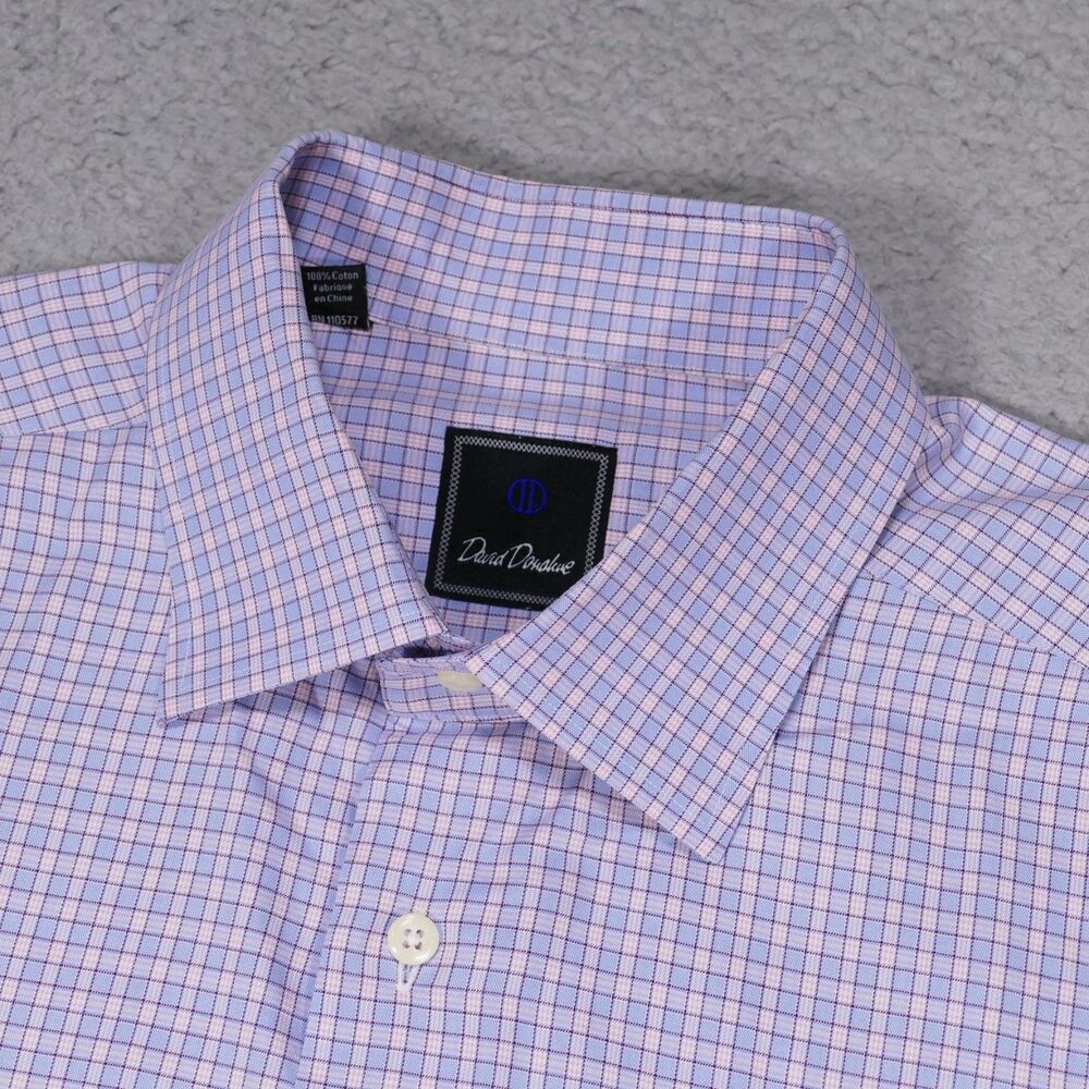 David Donahue Shirt Mens 17 1/2 34/35 Blue Pink Plaid Button Up Long Sleeve